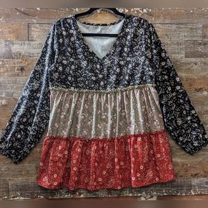 Women’s Floral Tiered Tunic Top - Black, Olive & Red
